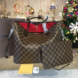 Replica Louis Vuitton Brown Damier Ebene Red Trim Neverfull MM