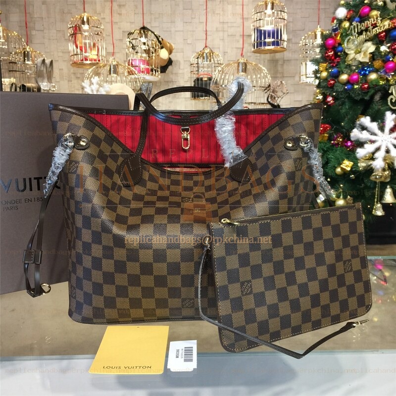 Replica Louis Vuitton Brown Damier Ebene Red Trim Neverfull MM