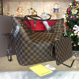 Replica Louis Vuitton Brown Damier Ebene Red Trim Neverfull MM