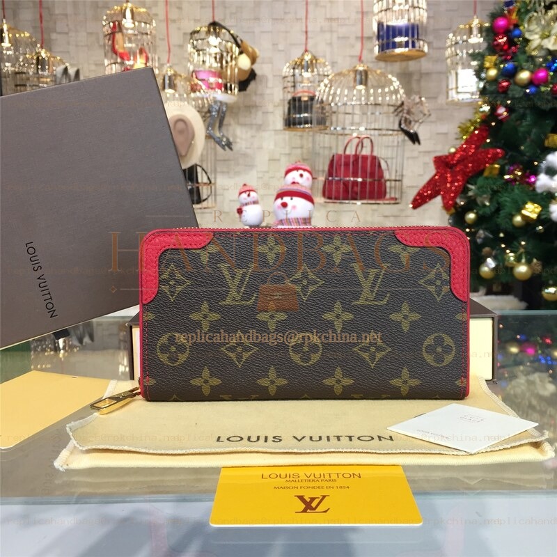 Replica Louis Vuitton Brown Monogram Red Trim Zippy Wallet Retiro