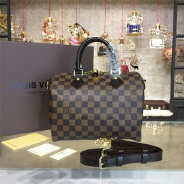 Replica Louis Vuitton Brown Damier Ebene Black Trim Speedy 25