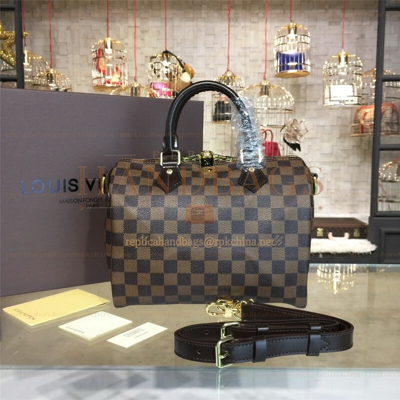 Replica Louis Vuitton Brown Damier Ebene Black Trim Speedy 25