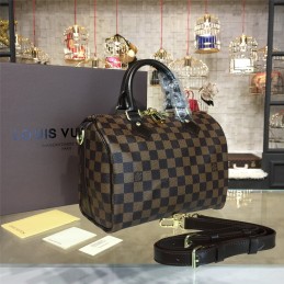 Replica Louis Vuitton Brown Damier Ebene Black Trim Speedy 25