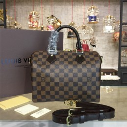 Replica Louis Vuitton Brown Damier Ebene Black Trim Speedy 25