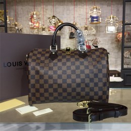 Replica Louis Vuitton Brown Damier Ebene Black Trim Speedy 30