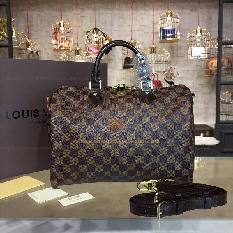 Replica Louis Vuitton Brown Damier Ebene Black Trim Speedy 30