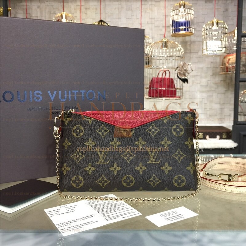 Replica Louis Vuitton Brown Monogram Red Trim Pallas Clutch