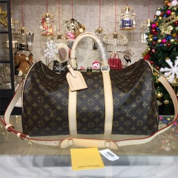 Replica Louis Vuitton Brown Monogram White Trim Keepall Bandouliere 45