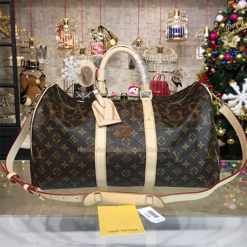 Replica Louis Vuitton Brown Monogram White Trim Keepall Bandouliere 45
