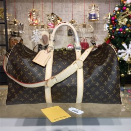 Replica Louis Vuitton Brown Monogram White Trim Keepall Bandouliere 50