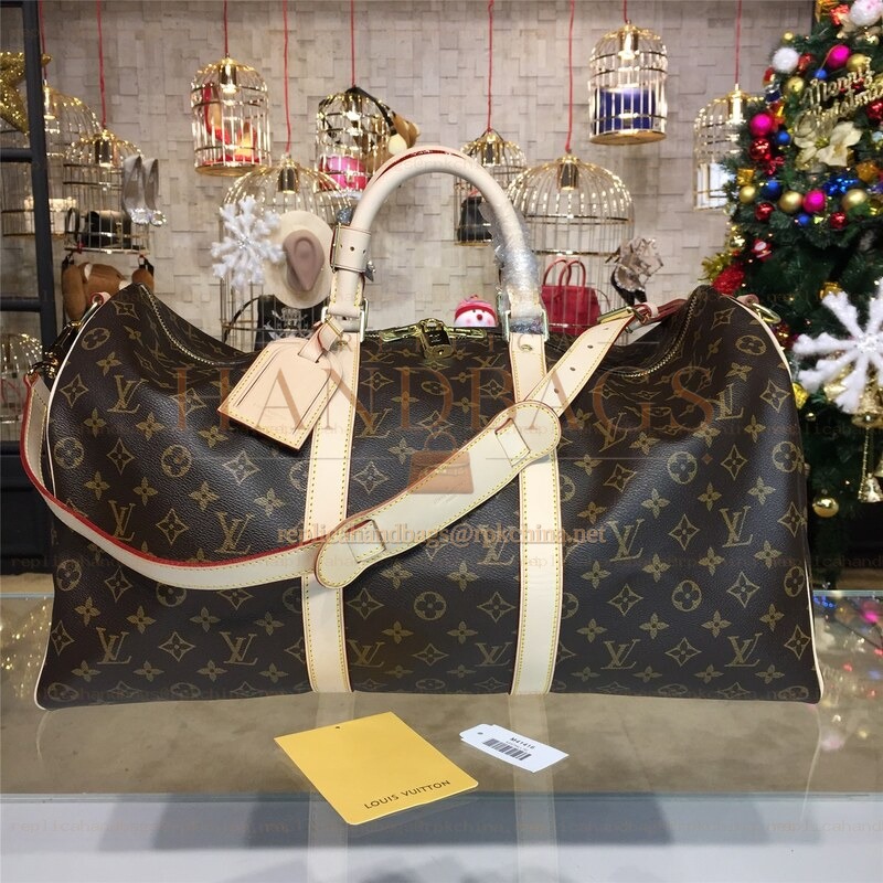 Replica Louis Vuitton Brown Monogram White Trim Keepall Bandouliere 50