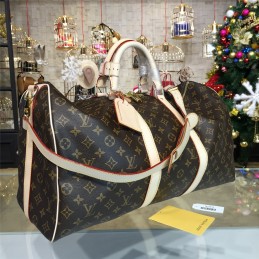 Replica Louis Vuitton Brown Monogram White Trim Keepall Bandouliere 50