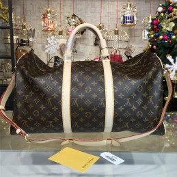 Replica Louis Vuitton Brown Monogram White Trim Keepall Bandouliere 50