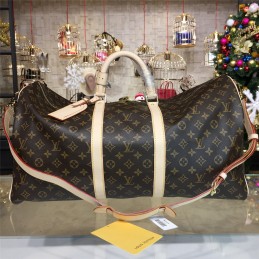Replica Louis Vuitton Brown Monogram Beige Trim Keepall Bandouliere 55