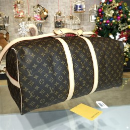 Replica Louis Vuitton Brown Monogram Beige Trim Keepall Bandouliere 55