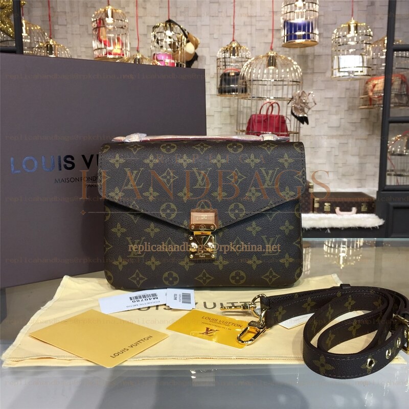 Replica Louis Vuitton Brown Monogram Black Trim Pochette Metis
