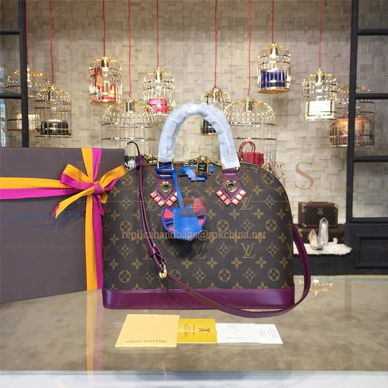 Replica Louis Vuitton Brown Monogram Purple Trim Alma MM