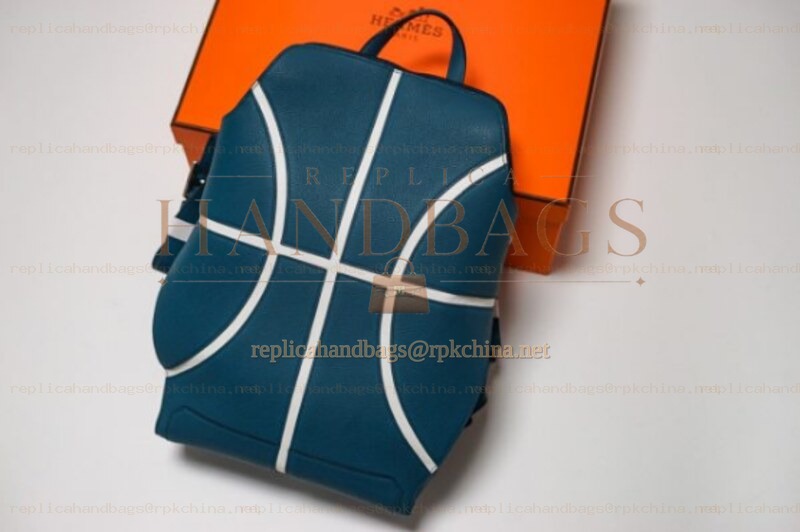 Replica Hermes Hac a Dos style blue leather backpack with white H-line design