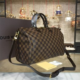 Replica Louis Vuitton Brown Damier Ebene Black Trim Speedy 35