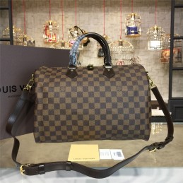 Replica Louis Vuitton Brown Damier Ebene Black Trim Speedy 35