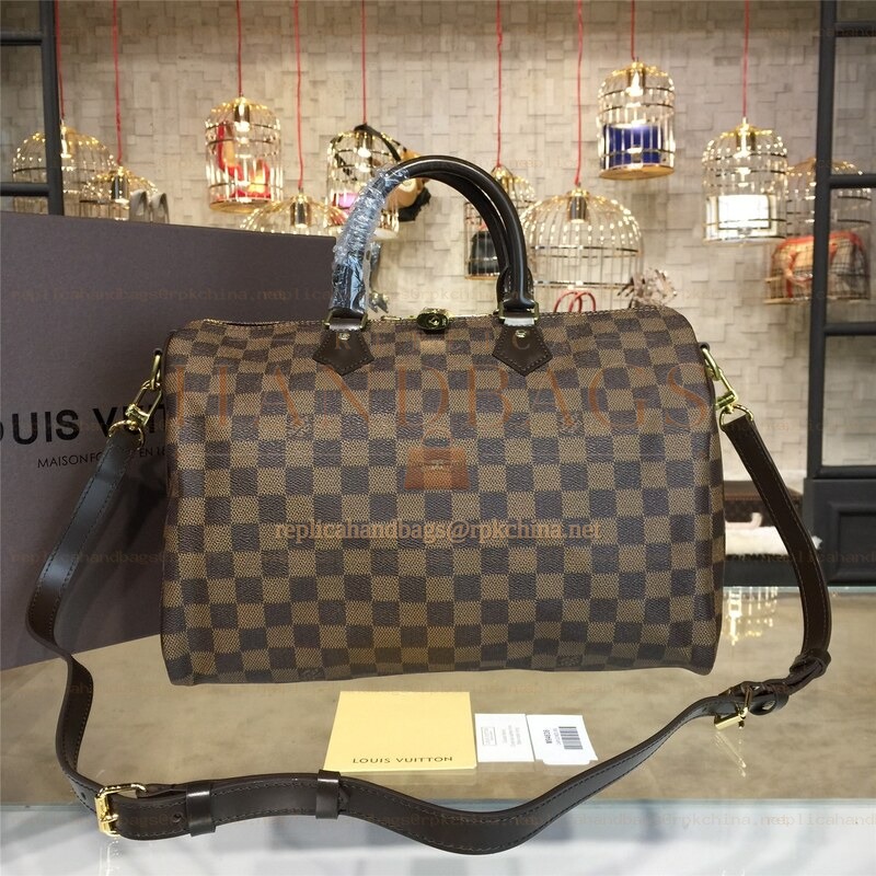 Replica Louis Vuitton Brown Damier Ebene Black Trim Speedy 35