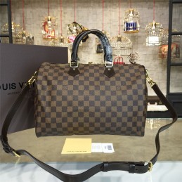 Replica Louis Vuitton Brown Damier Ebene Black Trim Speedy 35