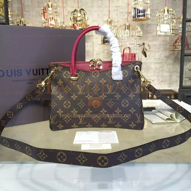 Replica Louis Vuitton Brown Monogram Bright Pink Trim Pallas BB