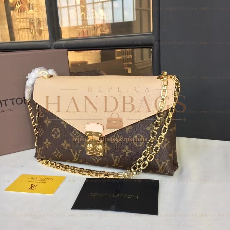 Replica Louis Vuitton Brown Monogram Beige Flap Pallas Chain BB