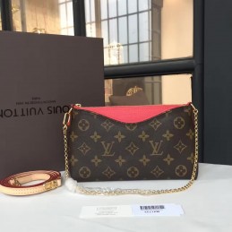Replica Louis Vuitton Brown Monogram Red Trim Pallas Clutch - Style 2