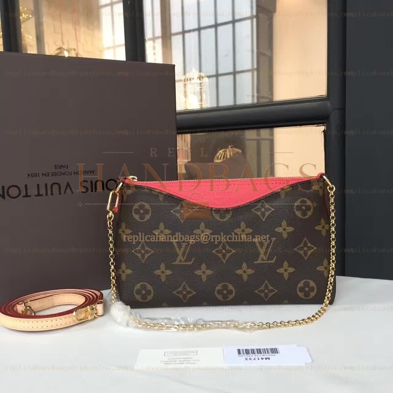 Replica Louis Vuitton Brown Monogram Red Trim Pallas Clutch - Style 2