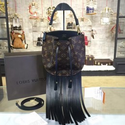 Replica Louis Vuitton Brown Monogram Black Fringed Noe