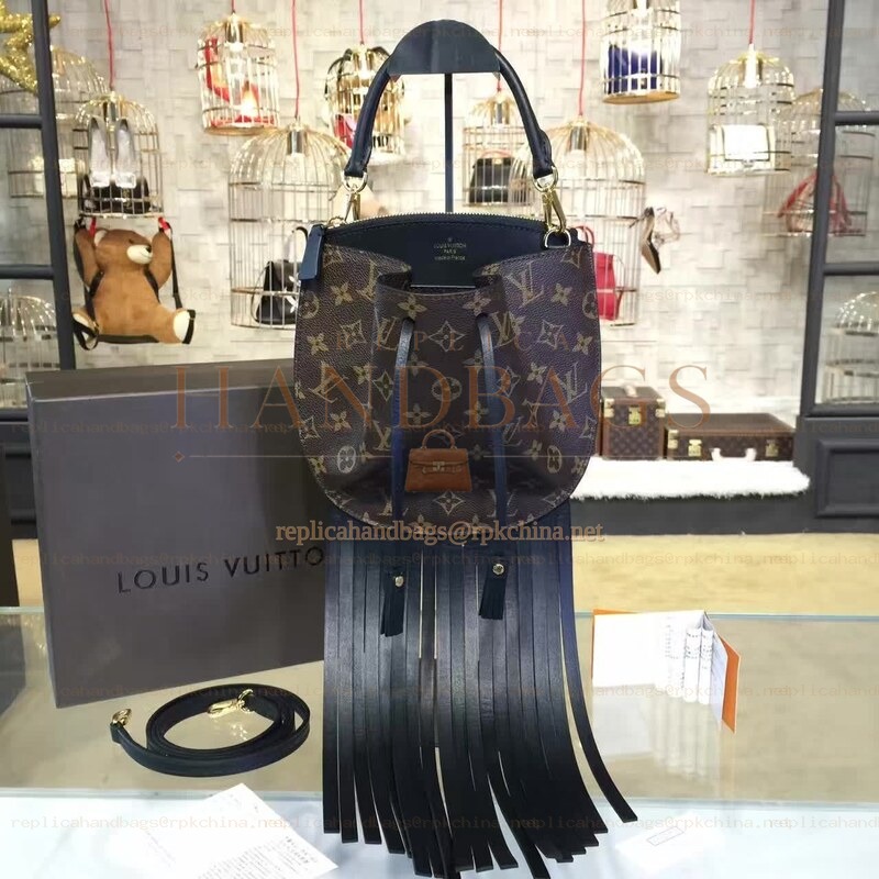 Replica Louis Vuitton Brown Monogram Black Fringed Noe