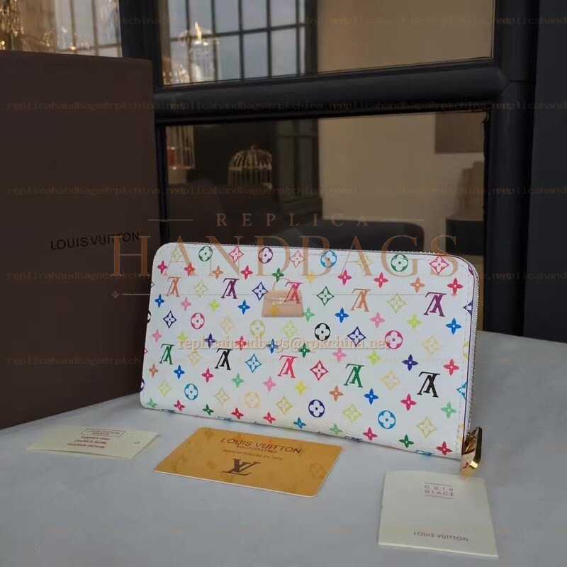 Replica Louis Vuitton White Multicolor Monogram Pale Pink Interior Zippy Wallet