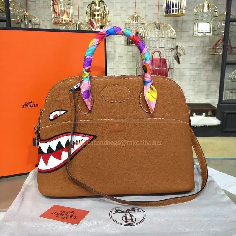 Replica Hermes Brown Bolide 45 Shark Charm Twilly Handle Bag