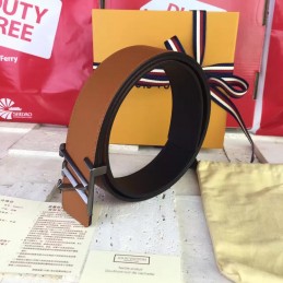 Replica Louis Vuitton Tan Leather Silver LV Buckle Belt