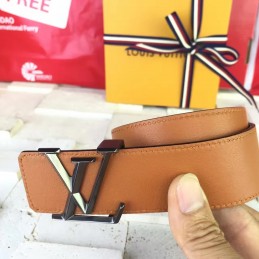 Replica Louis Vuitton Tan Leather Silver LV Buckle Belt