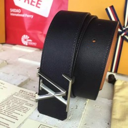 Replica Louis Vuitton Black Epi Leather Silver LV Buckle Belt