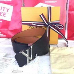 Replica Louis Vuitton Black Epi Leather Silver LV Buckle Belt