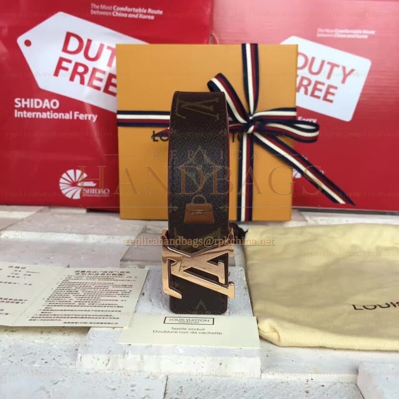 Replica Louis Vuitton Brown Monogram Gold LV Buckle Belt