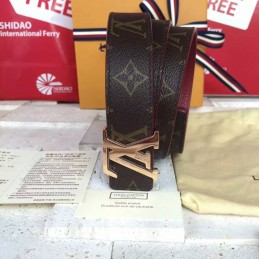 Replica Louis Vuitton Brown Monogram Gold LV Buckle Belt