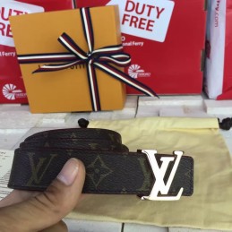 Replica Louis Vuitton Brown Monogram Gold LV Buckle Belt