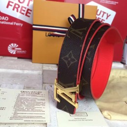 Replica Louis Vuitton Brown Monogram Red Reverse Gold LV Buckle Belt