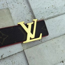 Replica Louis Vuitton Brown Monogram Red Reverse Gold LV Buckle Belt