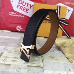 Replica Louis Vuitton Black Leather Gold LV Buckle Belt