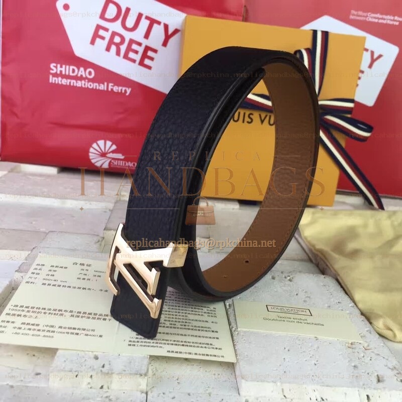 Replica Louis Vuitton Black Leather Gold LV Buckle Belt