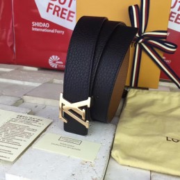 Replica Louis Vuitton Black Leather Gold LV Buckle Belt