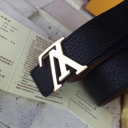 Replica Louis Vuitton Black Leather Gold LV Buckle Belt