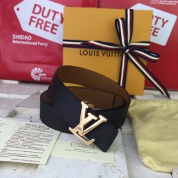 Replica Louis Vuitton Black Leather Gold LV Buckle Belt