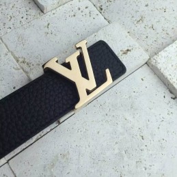 Replica Louis Vuitton Black Leather Gold LV Buckle Belt