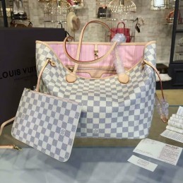 Replica Louis Vuitton White Damier Azur Pink Trim Neverfull MM